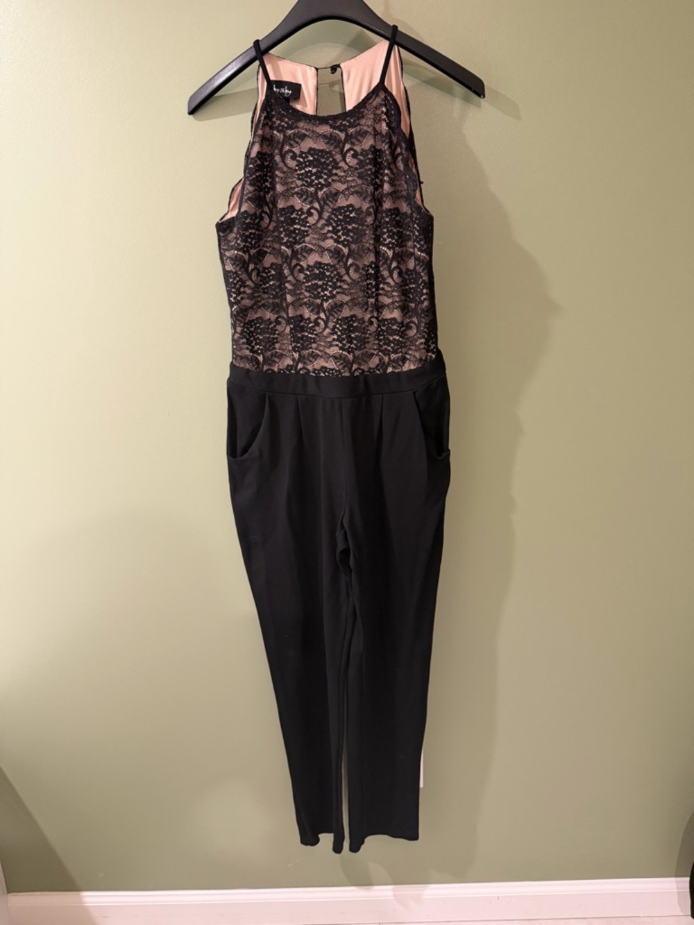 Lace-Overlay Black Jumpsuit with nude Lining